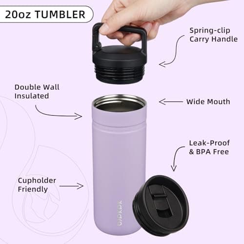 BJPKPK Insulated Water Bottle with 2 Lids,600ml Double Wall Stainless Steel Vacuum Tumbler Travel Coffee Mug,Wide Mouth Thermal Cup,Purple — view 3