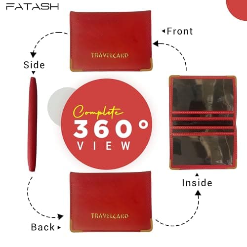 FATASH Travel Card Holder, PU Leather Oyster Card Cover, Bus Pass, Rail Ticket, Photo ID Wallet with 4 Pockets, Compact & Slim Unisex RFID Blocking Credit Card Case for Men, Women & Kids - Red — view 6