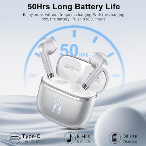 HOIFA Wireless Earbuds, Bluetooth 5.4 Headphones with 4 ENC Noise Cancelling Mic, 50H Playtime, HiFi Stereo Deep Bass, IP7 Waterproof Bluetooth Earphones,Bluetooth Earbuds Dual LED Display,Silver — view 3