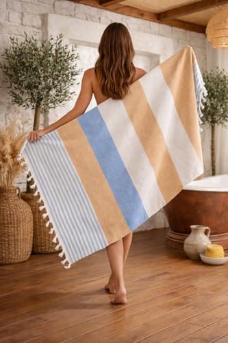 WEFLORIA Turkish Peshtemal Towel – Lightweight Quick Dry Beach & Spa Towel, Oversized Cotton Hammam Towel with Tassels – Travel, Pool, Bath, Sauna – Blue/Beige/Orange (orange) — view 2