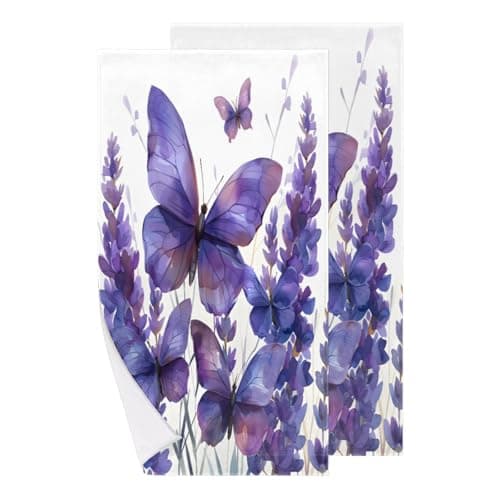 Tablerazzi Hand Towels for Bathroom Set of 2, Butterfly with Purple Lavender Decorative Bath Hand Towels, Soft Microfiber Absorbent Towel for Fitness, Yoga, Travel, Camping, Gym