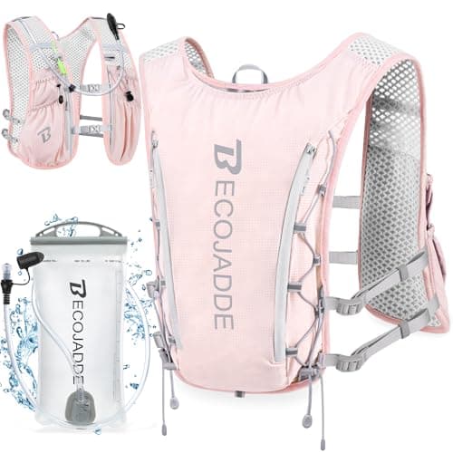 BECOJADDE Running Vest Hydration Backpack Lightweight 5L Water Pack with One 1.5L Water Bag for Men Women, Running Backpack Hydration for Marathon, Trail, Cycling, Hiking, Jogging, Pink