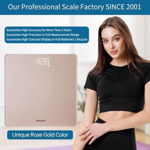 Homebuds Bathroom Scales for Body Weight, Precision 0.1lb by Our Professional Factory Since 2001, Weighing Scales Step-On and White LED for Easy to View, 3*AAA Included, 400lb/182kg, Rose Gold — view 2