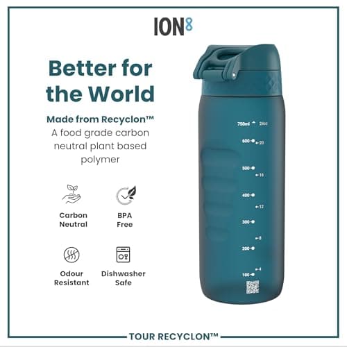 ION8 Sports Water Bottle, 750 ml/24 oz, Leak Proof, Easy to Open, Secure Lock, Dishwasher Safe, BPA Free, Flip Cover, Carry Handle, Soft Touch Contoured Grip, Easy Clean, Odour Free, Teal — view 5