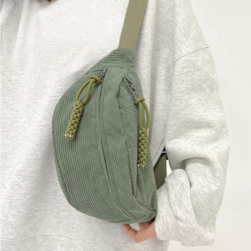 AYNKH Fanny Pack Ladies Corduroy, Shoulder Bag Ladies, Stylish & Practical Chest Bag, for Outdoor Sports Travelling Running School (Green) — view 6