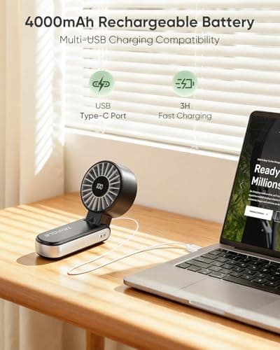 TriPole Handheld Fan, Portable USB Rechargeable Fan with 5 Speeds, Powerful Airflow, LED Display, 4000mAh Mini Personal Fans, Hand Fans Folding for Travel Holiday Table Outdoor Trip — view 3