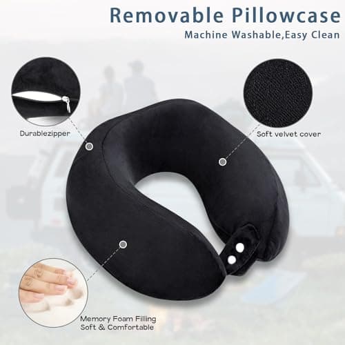 FEUFOAM Travel Pillow Neck Pillow With Velvet Cover Adjustable Airplane Pillow for Travel Sleeping Head and Neck Support Memory Foam Pillows for Adults Train Bus Office Home Black — view 4