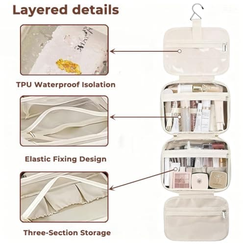 Yuexitech Travel Hanging Toiletry Bag, Large Waterproof Wash Bag with Multiple Compartments, Hanging PU Leather Makeup Bags for Women, Cosmetic Travel Wash Bags, Rose Pink — view 4