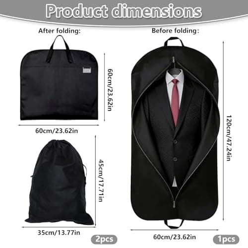 3PCS Suit Bags for Men Set, Suit Carrier, 60x120CM, Includes 2 Shoe Bags. Designed for Storing Jackets, Shirts, Evening Gowns, and Suits. Ideal for Travel and Business Use. (Black） — view 2
