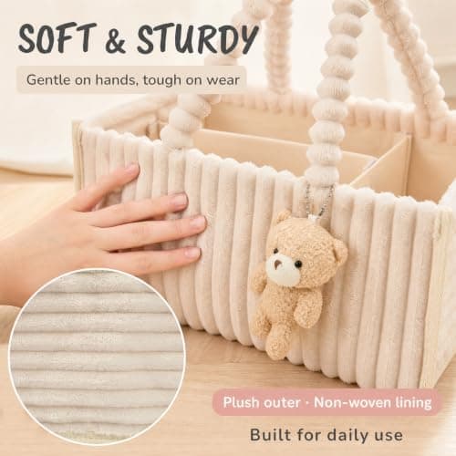 Eyoulife Diaper Caddy Organizer with Cute Bear Pendant, Soft Nappy Caddy Organiser with Removable Dividers, Portable Baby Storage Basket for Changing Table, Nursery, Car and Travel(White) — view 5
