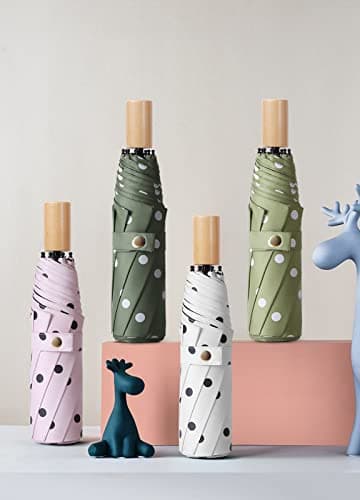 LXZSMH Folding Umbrellas, Windproof Travel Umbrella, Polka Dot Solid Wood Handle Compact Folding Umbrella, 8 Ribs UPF 50+ UV Protection, Men Women(Khaki) — view 2