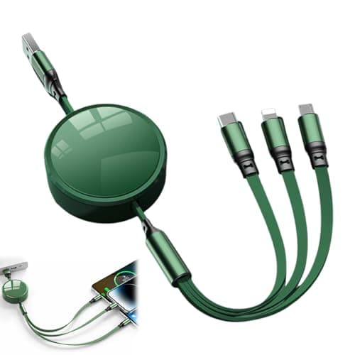 1.2m 100W Retractable Multi Charger Cable 3 in 1, Travel Charger Cable with Fast Charging USB C Port, 6A Charging Cables for Multiple Devices with iPhone Android MacBook, Green Tangle-Free Cord
