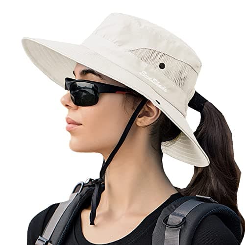 KorhLeoh Women's Outdoor UV-Protection-Foldable Sun-Hats Mesh Wide-Brim Beach Fishing Hat with Ponytail-Hole Beige