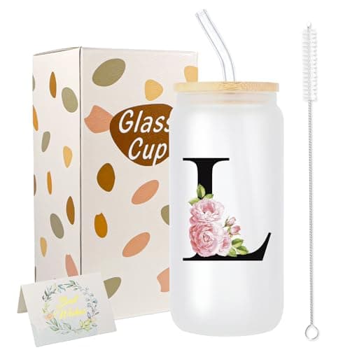 JEKUGOT A-Z Initial Personalised Birthday Gifts for Women, 16oz Iced Coffee Glass Cups with Lids and Straws, Glass Coffee Cup Gift Set for Mothers, Friends, Women, Men, Iced Coffees Cup Gift (L)