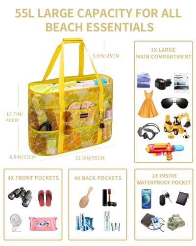 Large Beach Bag with Zip Mesh Beach Bags for Women Men Family, L Lemon — view 2