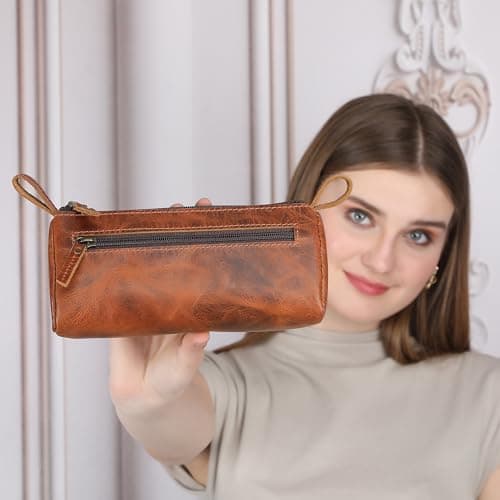 TheAntiq Leather Toiletry Bag Travel Dopp Kit for Men & Women Leather Makeup Organiser with Zipper Compartments Compact Travel Pouch Tan 8x3.5x3.5 Inch — view 4
