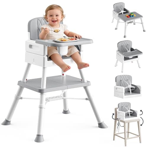 COOSEYA Baby High Chair, 6-in-1 Convertible Baby High Chair for Babies and Toddlers, Multi-Use Adjustable Feeding Chair with Removable Tray, 5-Point Safety Harness, Classic Grey (6 M-3 Y)