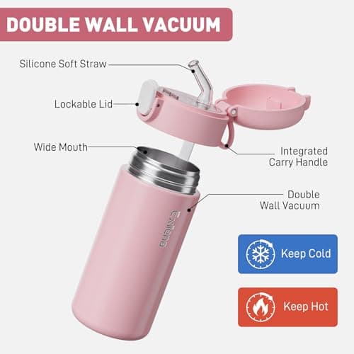 Exllena 300ml Small Water Bottle with One-Touch Soft Straw Lid, Double-Wall Vacuum Insulated Small Flask for Hot&Cold Drinks–Leak-Proof, Mini Water Bottle for Handbag, Yoga, Sport (Pink) — view 3