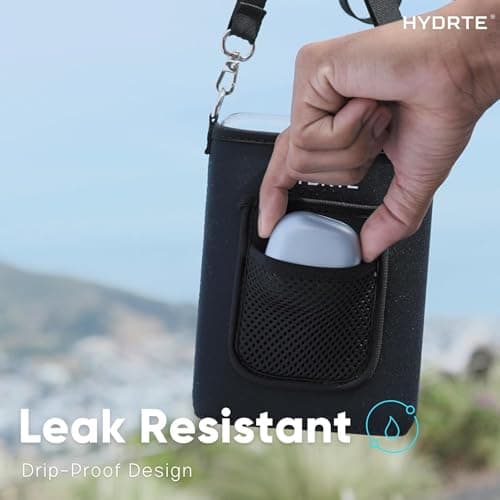 Hydrte Travel Mini Water Bottle with Strap & Sleeve – 500ml BPA-Free Slim Flat Reusable Water Bottle, Leak Proof (Nero Black) — view 6