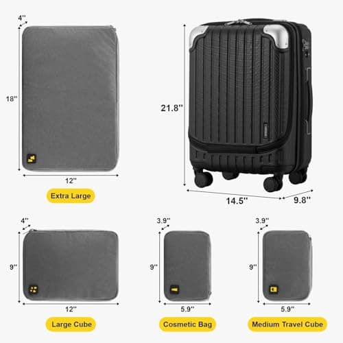LEVEL8 Carry on Suitcase Expandable with 4pcs Luggage Organiser Set, 55CM Hand Case with Laptop Compartment ABS+PC Hardshell Spinner Cabin Size with 4Wheel TSA, Black — view 2
