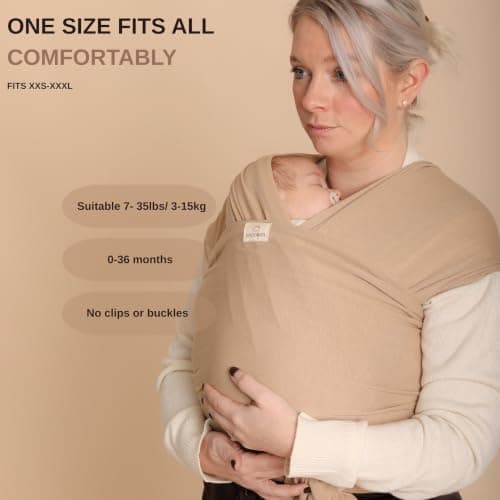RYLOOBABY Baby Sling Carrier & Stretchy Baby Wrap – Newborn Baby Carrier 3.2–15 kg, Soft Cotton Hands-Free Babywearing Sling, Hip Healthy, One Size XXS–XXXL – Warm Beige — view 5