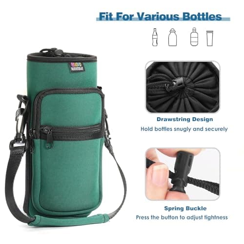 Nuovoware Water Bottle Carrier Bag, 1000ml Bottle Pouch Holder, Adjustable Shoulder Hand Strap 2 Pocket Sling Neoprene Sleeve Sports Accessories for Hiking Travelling Camping, Dark Green — view 5