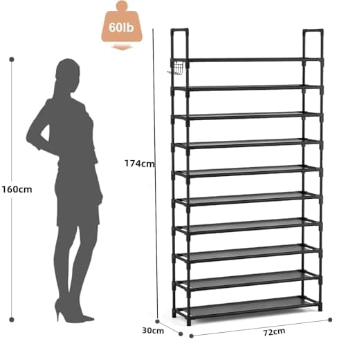 Shoe Rack, 10 Tier Shoe Storage Organizer with Hooks,175*72*30cm,XXL — view 3