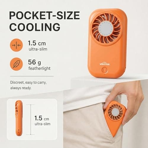 WHATOOK Mini Handheld Turbo Fan: 0.59in Ultra-Slim & 0.12lbs Light Pocket Fan, 11000 RPM Power, USB-C Rechargeable Portable Small Personal Hand Fan for Travel Essentials, Outdoor, Gift, Orange — view 2