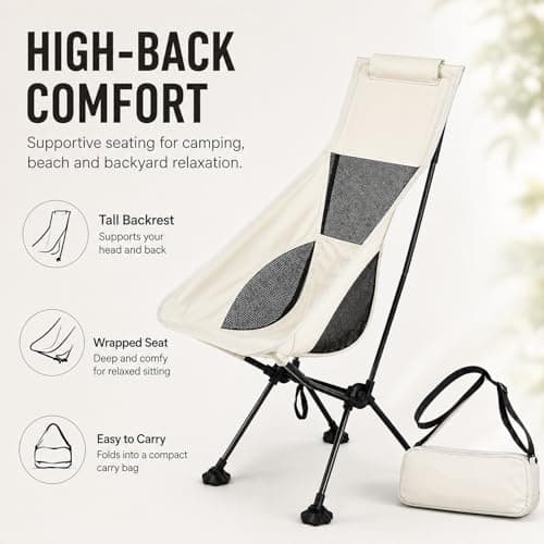 GOOGO High Back Camping Chair, Folding Camping Chair with Side Pocket, 80 x 41 x 87 cm, 150 kg Capacity, 600D Oxford Portable Outdoor Chair for Garden, Beach, Fishing and Picnic (White) — view 3