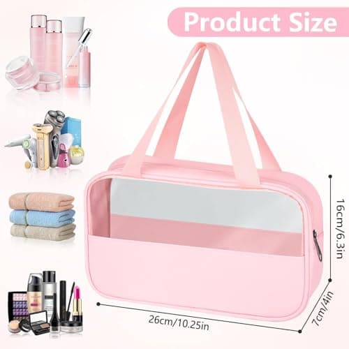 MOXYOY Clear Travel Toiletry Bag,Portable Makeup Bag Cosmetic Wash Bags,with Zippers Travel Essentials,PVC+PU Hanging Transparent Waterproof Bag,Vacation Bathroom Organizer,for Women and Men (Pink) — view 2