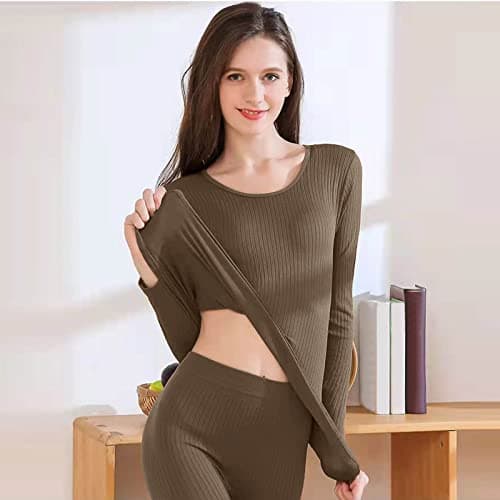 LOIJMK Thermal Underwear Women's Sports Leisure Suit Thermal Underwear Set Breathable Warm Functional Underwear Sleepwear Pyjamas Underwear Winter Cosy Ski Underwear for Home and Sports, coffee, One — view 2