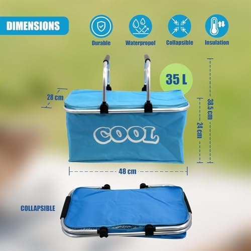 The Magic Toy Shop 35L Light Blue Cool Bag - Versatile Insulated Picnic Basket & Collapsible Cooler Box with Sturdy Aluminium Frame - Spacious Folding Design for Camping, Shopping & Outdoor Adventures — view 3