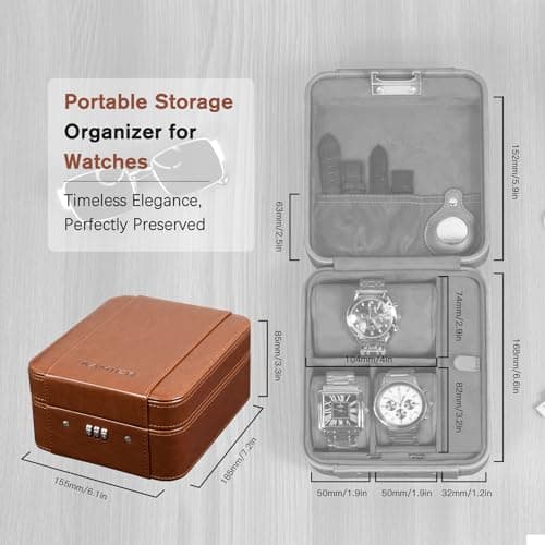 KAMIER Watch Box with Combination Lock - 4 Watch Storage and Jewelry Organizer - Luxury Watch Travel Case for Ring and Watch Storage, PU Leather Watch Cae, Ideal for Gift (With Gift Box), Brown — view 5