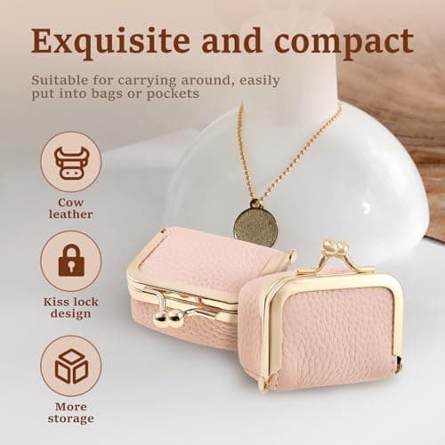 QINGLANG Genuine Leather Mini Jewelry Box with Kiss Lock Vintage Inspired Coin Purse Portable Small Jewelry Case Organizer Small Travel Ring Box for Girls Women(Pink) — view 6