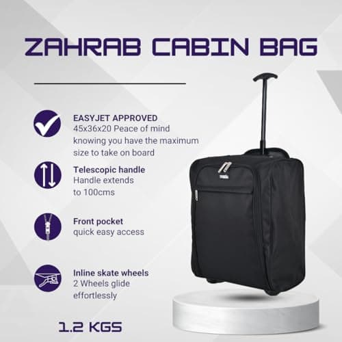 ZAHRAB Easyjet 45x36x20 Underseat Bag Lightweight Hand Luggage Cabin Bag Trolley with Wheels Flight Bags Suit Case (Black) — view 2