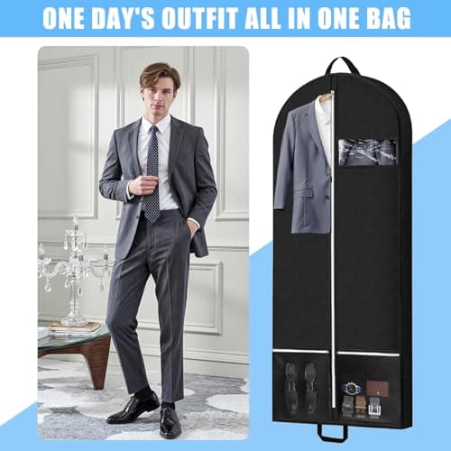 2 Pack Garment Bags for Hanging Clothes, 54x23x4 Inch Foldable Suit Cover with Clear Zipper Pockets & Handles, Heavy Duty Storage Carriers for Travel, Suit, Coat, Dress, Black — view 3