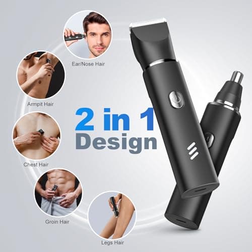 Body Trimmer for Men, 2-in-1 Body Groomer & Nose Hair Trimmer, Waterproof Mens Grooming Kit with Ceramic Blade Heads, Sensitive Combs for Chest, Legs, Armpits & Nose, Wet & Dry Use, Travel Lock — view 2
