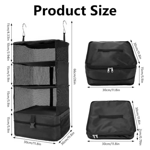 Jonuin Hanging Suitcase Organizer, 3-Shelf Instant Wardrobe with Metal Hooks, Portable Hanging Travel Shelves, Foldable Hanging Travel Storage Organiser for Clothes, Towels, Toys, Shoes (Black) — view 2
