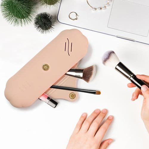 AWINNER Silicone Makeup Brush Holder Travel Cosmetic Bag,Soft Portable Cosmetic Face Brushes Holder with Anti-Fall Out Magnetic Closure, Large Travel Makeup Brush Case, khaki, Modern — view 5