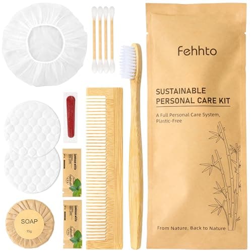 FEHHTO Compostable Personal Hygiene Kit Bulk 25 Sets, Disposable Travel Toiletry Kit, Eco Friendly Hotel Bathroom Amenities for Guest Care, with Bamboo Toothbrush, Toothpaste, Comb, Soap & Shower Cap