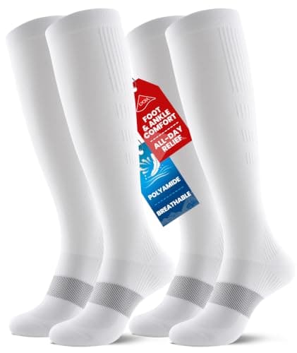 PULIOU Cooling Compression Socks for Women and Men, 20–30 mmHg Graduated Compression, Circulation Knee High Flight Socks for Flying, Travel, Sport, Nurses, 2 Pairs, White L-XL