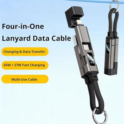 4-in-1 USB C Keychain Charger Cable with Digital Display, 65W Fast Charging Short Braided Data Cord for Type-C/L/USB-A, Portable Multi Charger for Phone Tablet Laptop (Purple) — view 3