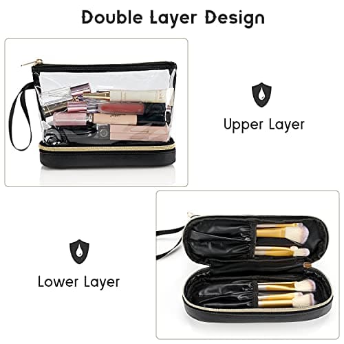 Clear Makeup Bag with Brushes Compartment Travel Toiletry Bag 2 Layer Black — view 3