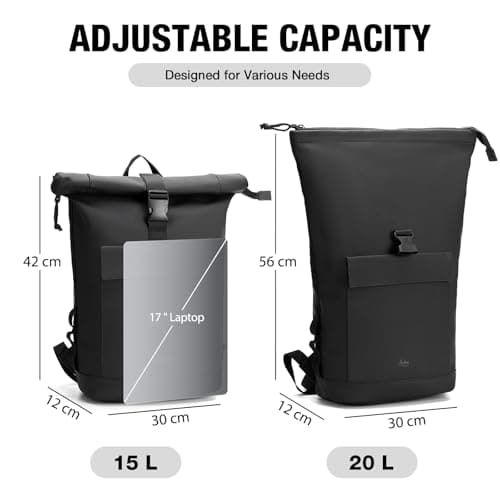 Lekeinchi Rolltop Backpack for Men and Women, Elegant Laptop Backpack, Waterproof with 17 Inch Laptop Compartment, Large Travel Backpack, Daypack, School Backpack for Travel, University (Black) — view 3