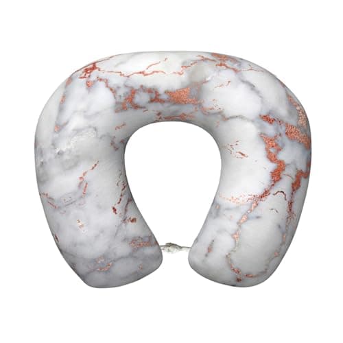 AUGUSTRUSH Memory Foam Neck Pillow - Travel Pillow With Adjustable Clasp, Removable Washable Cover For Airplane Office Car, Ergonomic Support Comfortable U-Shaped Pillow, Rose Gold Marble Print