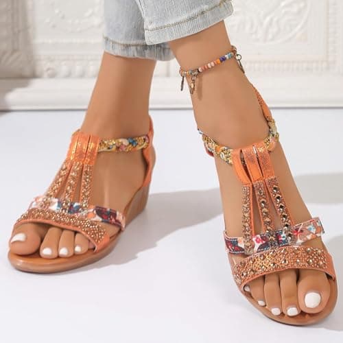 AEHAXGD Rhinestone Wedge Sandals for Women 2026 Summer Orthopedic Bohemia Sparkly T Strap Shoes Embellished Jeweled Beaded Sandals with Elastic Ankle Strap Comfy Cute Sandals for Beach Travel — view 2