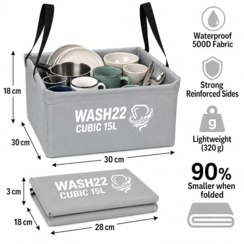 WASH22 15L Collapsible Camping Washing Up Bowl with Mesh Bag - Grey — view 3