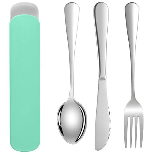 DOETYD 3 PCS Travel Cutlery Set Stainless Cutlery with Portable Case Reusable Spoon Fork and Knife for Camping Travel Picnic School Office Lunch (Green)