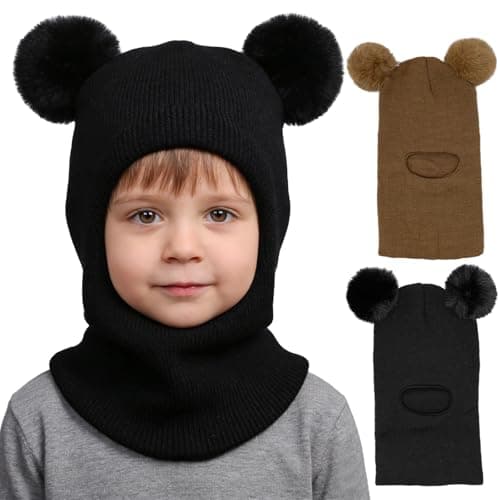 GYIOFAI 2 Pieces Kids Winter Warm Hat Scarf Baby Earflap Beanies Hood Pom Pom Toddler Hat Windproof Balaclava Kids 1-6 Years Outdoor Activities Snow Cap (Khaki and Black)