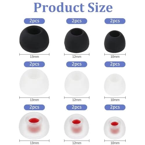 9 Pairs Replacement Earbud Tips, Earbuds Replacement Rubber Tips Earphone Buds, 3 Sizes(S/M/L) Replacements Silicone Earplugs for In-Ear Headphones, Earphone Tip - Black & Transparent & Red — view 2